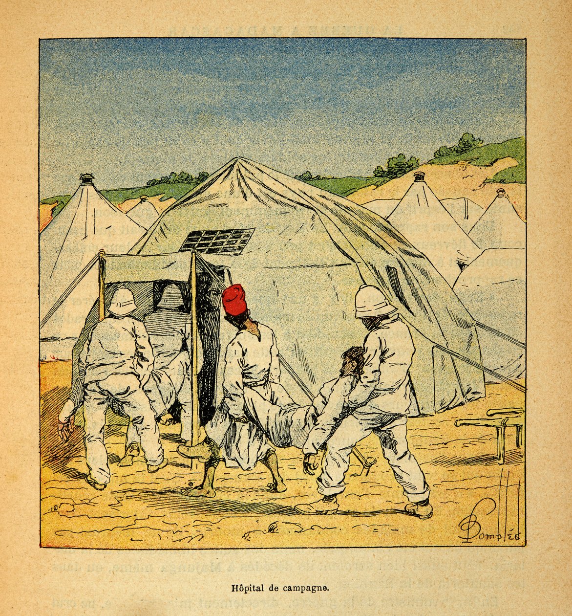 Henri Galli dit Galllichet (1854-1922)著、Louis Bombled (1862-1927)絵による「マダガスカルの戦争-1885-1895年のフランス遠征の逸話史」。1895年のマダガスカルにおける軍事野戦病院、個人蔵 作： ルイ・チャールズ・ボンブル