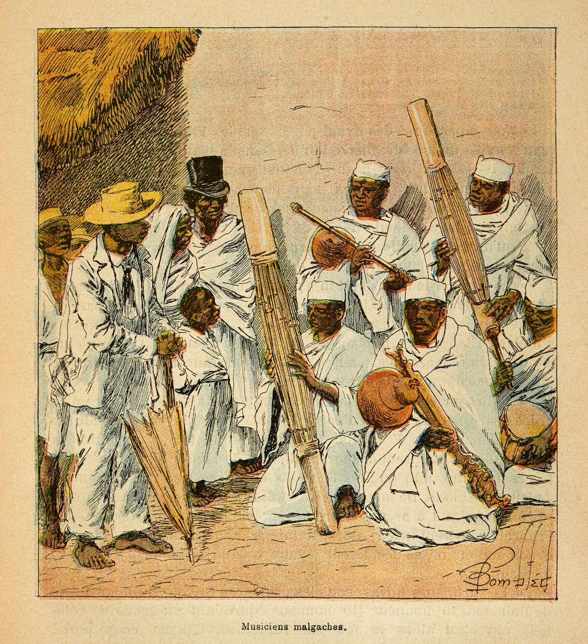 Henri Galli dit Galllichet (1854-1922)著、Louis Bombled (1862-1927)絵による「マダガスカルの戦争-1885-1895年のフランス遠征の逸話史」。19世紀のマダガスカルの音楽家たち、個人蔵 作： ルイ・チャールズ・ボンブル