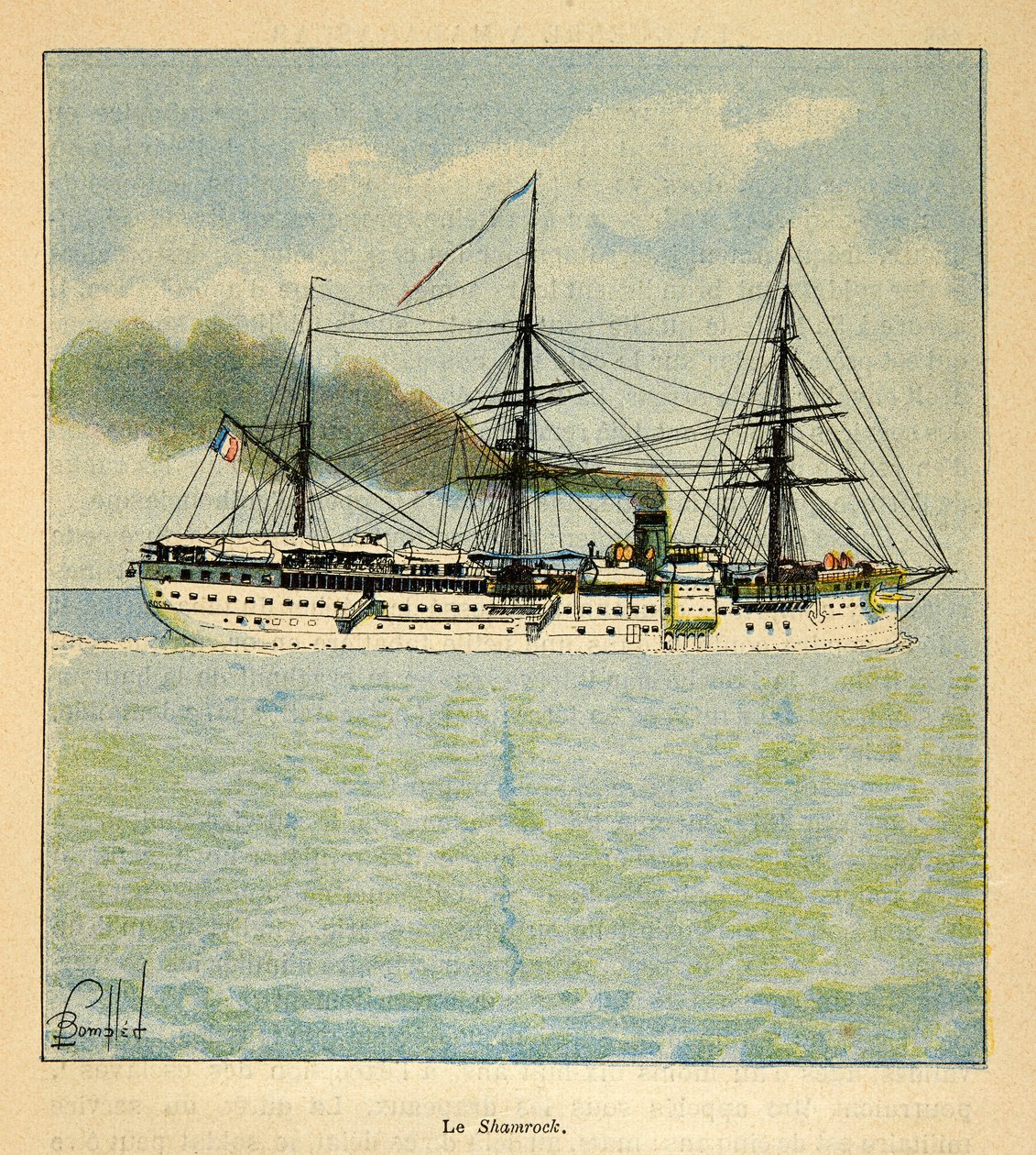 Henri Galli dit Galllichet (1854-1922)著、Louis Bombled (1862-1927)絵による「マダガスカルの戦争-1885-1895年のフランス遠征の逸話史」。マダガスカルに向かう病院船「シャムロック」、個人蔵 作： ルイ・チャールズ・ボンブル