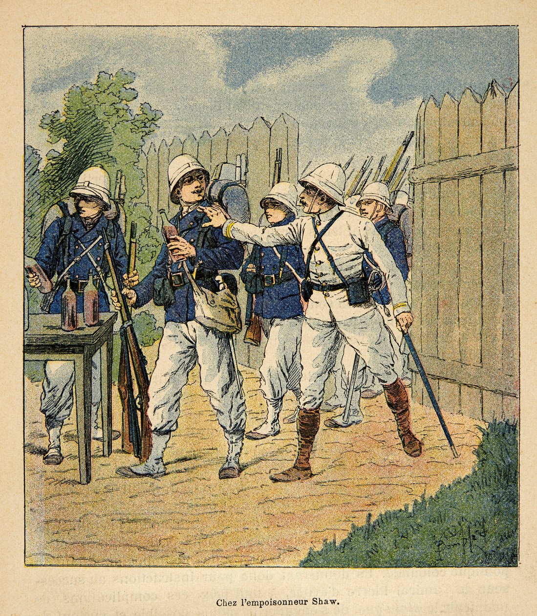Henri Galli dit Galllichet (1854-1922)著、Louis Bombled (1862-1927)絵による「マダガスカルの戦争-1885-1895年のフランス遠征の逸話史」。1884年の毒殺者ショーのフランス軍（毒殺されたままのイギリス人メソジスト牧師がb 作： ルイ・チャールズ・ボンブル
