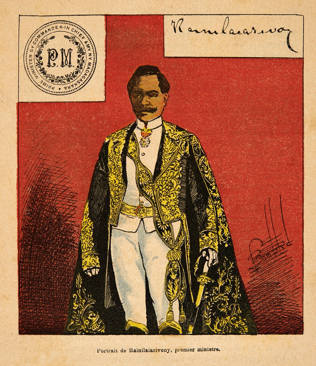 Henri Galli dit Galllichet (1854-1922)著、Louis Bombled (1862-1927)絵による「マダガスカルの戦争-1885-1895年のフランス遠征の逸話史」。ライニライアリヴォニー首相（1828-1896）の肖像、個人蔵 作： ルイ・チャールズ・ボンブル