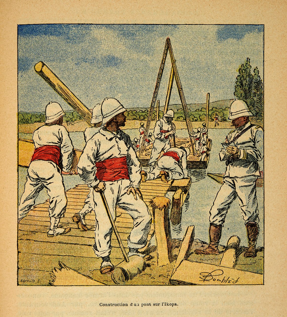 Henri Galli dit Galllichet (1854-1922)著、Louis Bombled (1862-1927)絵による「マダガスカルの戦争-1885-1895年のフランス遠征の逸話史」。1895年、イコパ川の精霊による橋の建設、個人蔵 作： ルイ・チャールズ・ボンブル