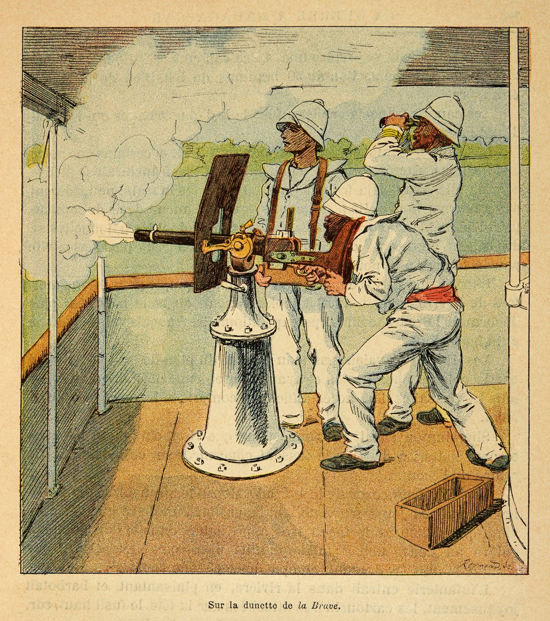 Henri Galli dit Galllichet (1854-1922)著、Louis Bombled (1862-1927)絵による「マダガスカルの戦争-1885-1895年のフランス遠征の逸話史」。1895年、キャノニエール "ラ・ブレイブ "号のホヴァを撃つ大砲、個人蔵 作： ルイ・チャールズ・ボンブル