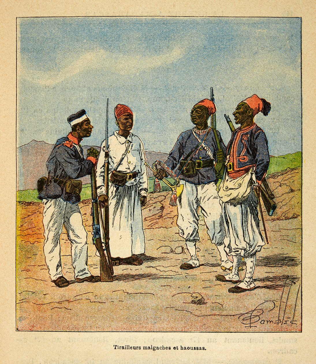 Henri Galli dit Galllichet (1854-1922)著、Louis Bombled (1862-1927)絵による「マダガスカルの戦争-1885-1895年のフランス遠征の逸話史」。マダガスカルとハウサのティライユール、個人蔵 作： ルイ・チャールズ・ボンブル