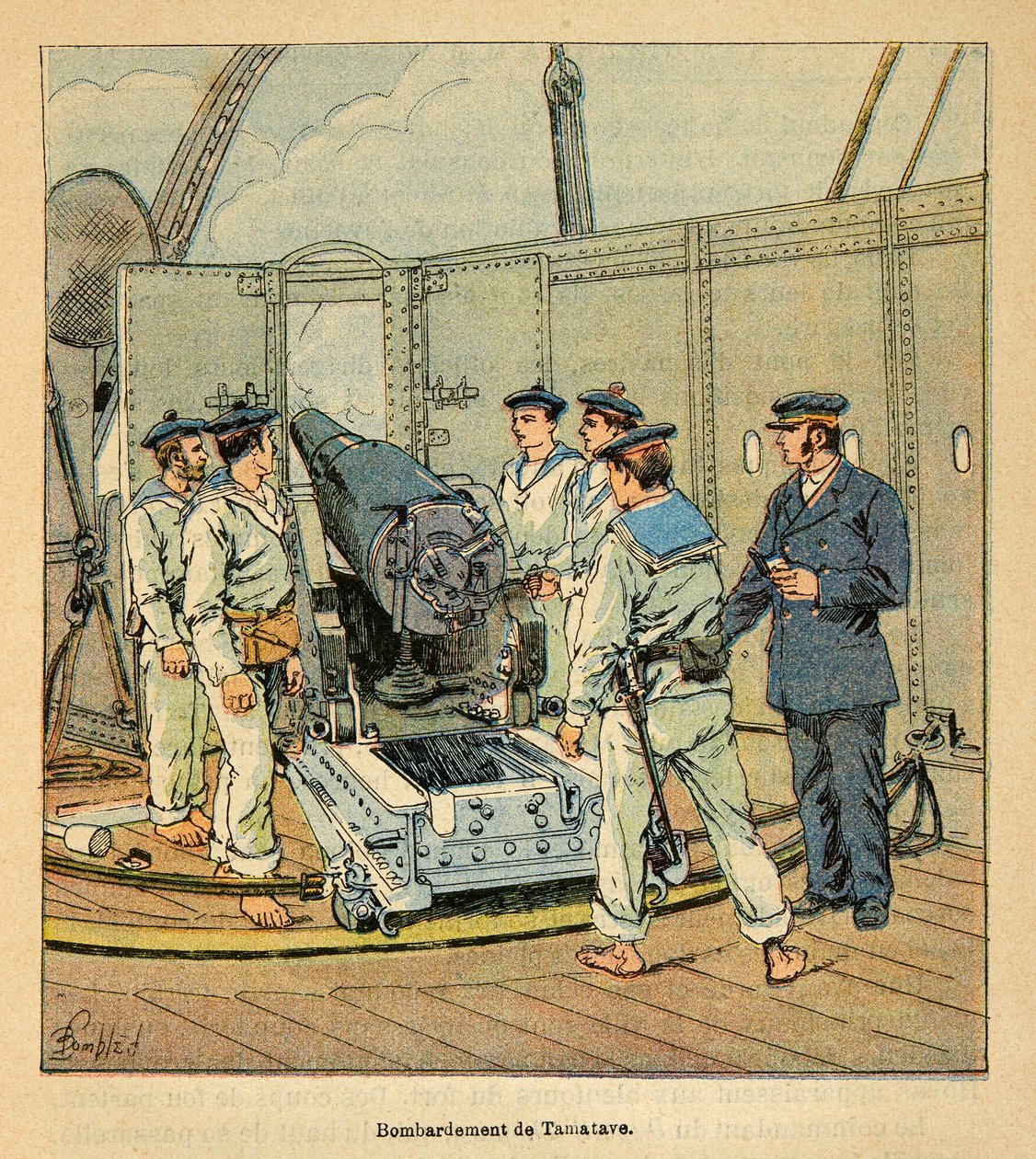 Henri Galli dit Galllichet (1854-1922)著、Louis Bombled (1862-1927)絵による「マダガスカルの戦争-1885-1895年のフランス遠征の逸話史」。フランス海軍によるタマタベへの砲撃、個人蔵 作： ルイ・チャールズ・ボンブル