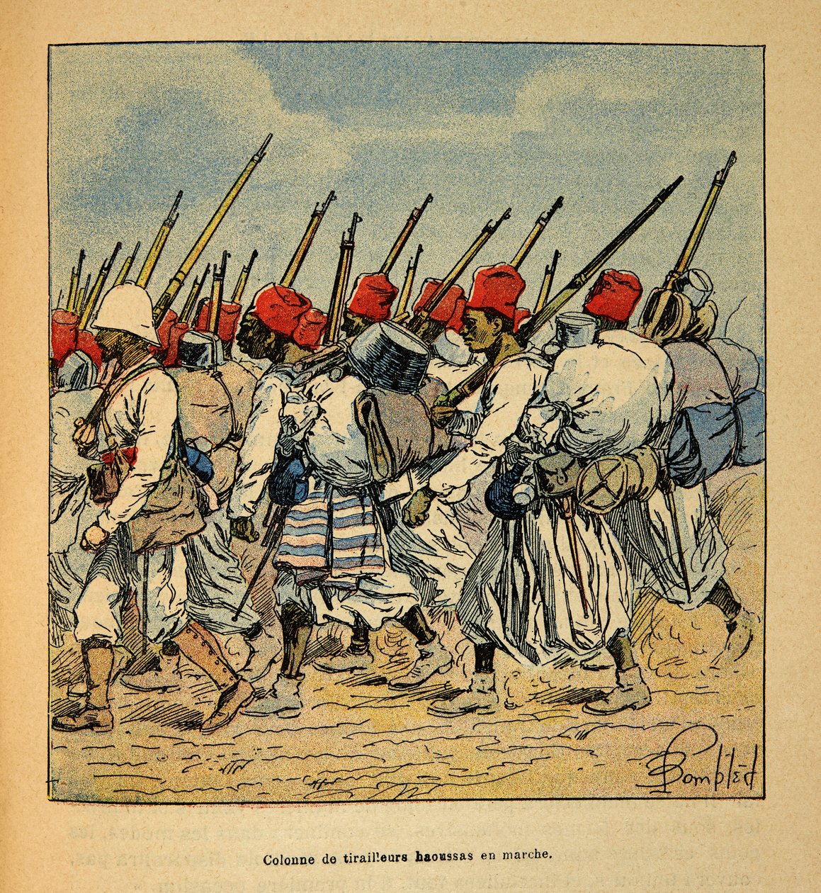 Henri Galli dit Galllichet (1854-1922)著、Louis Bombled (1862-1927)絵の「マダガスカルの戦争-1885-1895年のフランス遠征の逸話史」。1895年に行進するハウサ・ティライユ隊の隊列、個人蔵 作： ルイ・チャールズ・ボンブル