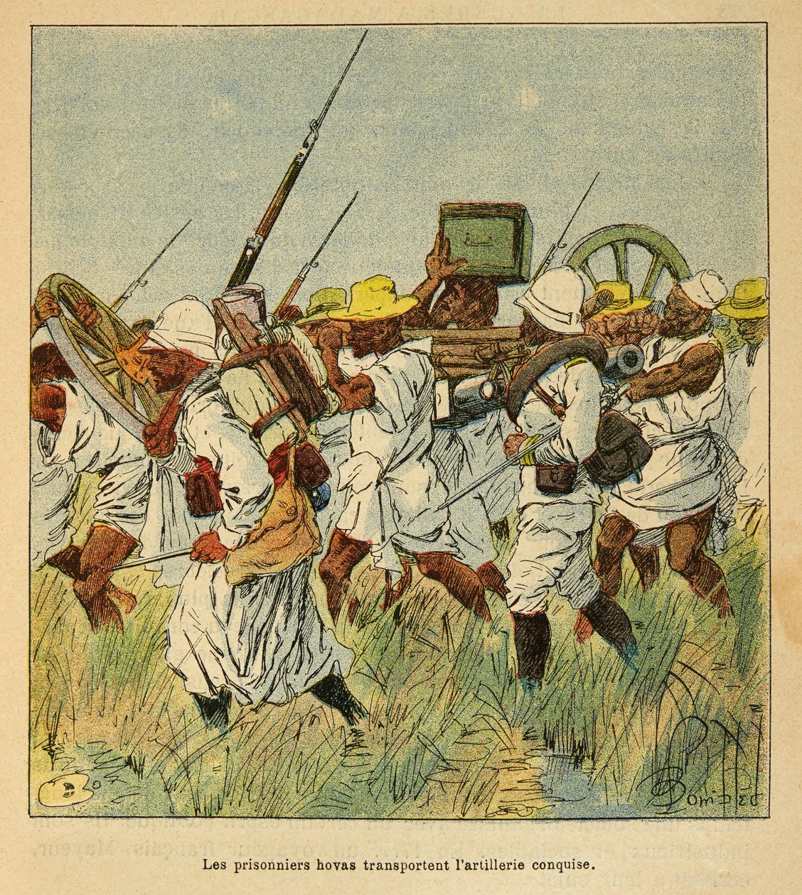 Henri Galli dit Galllichet (1854-1922)著、Louis Bombled (1862-1927)絵による「マダガスカルの戦争-1885-1895年のフランス遠征の逸話史」。砲弾の運搬に使われた囚人用ホヴァ、個人蔵 作： ルイ・チャールズ・ボンブル