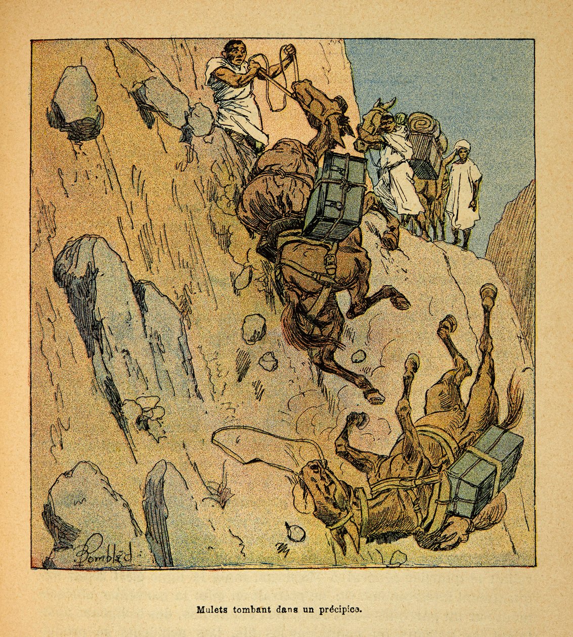 Henri Galli dit Galllichet（1854-1922）著、Louis Bombled（1862-1927）絵による「マダガスカルの戦争-1885-1895年のフランス遠征の逸話史」。断崖絶壁に落ちる軍事護衛隊のミュール、Particular Collection 作： ルイ・チャールズ・ボンブル