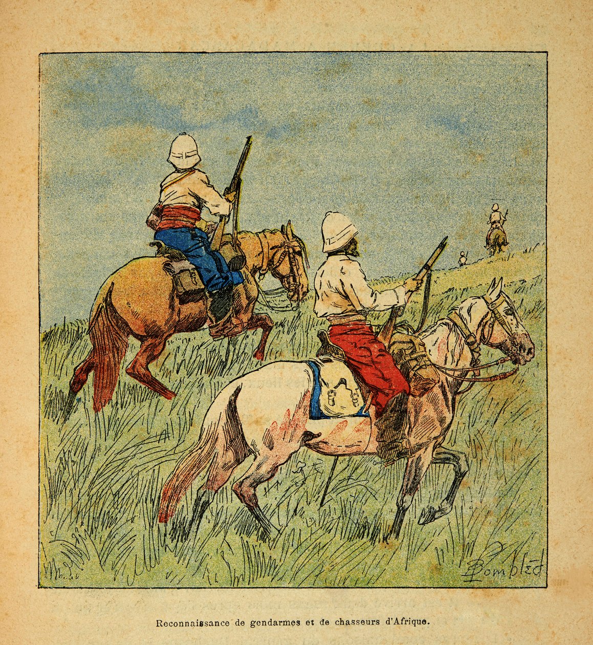 Henri Galli dit Galllichet (1854-1922)著、Louis Bombled (1862-1927)絵による「マダガスカルの戦争-1885-1895年のフランス遠征の逸話」。1895年のマダガスカルにおけるアフリカからのジャンダルムと猟師の認識、個人蔵 作： ルイ・チャールズ・ボンブル