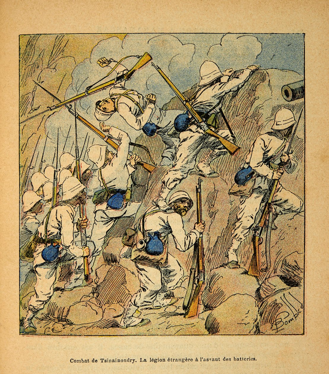 Henri Galli dit Galllichet (1854-1922)著、Louis Bombled (1862-1927)絵による「マダガスカルの戦争-1885-1895年のフランス遠征の逸話史」。ツィナイノンドリーの戦い、1895年のホヴァス砲台襲撃時の外人部隊、Pr 作： ルイ・チャールズ・ボンブル