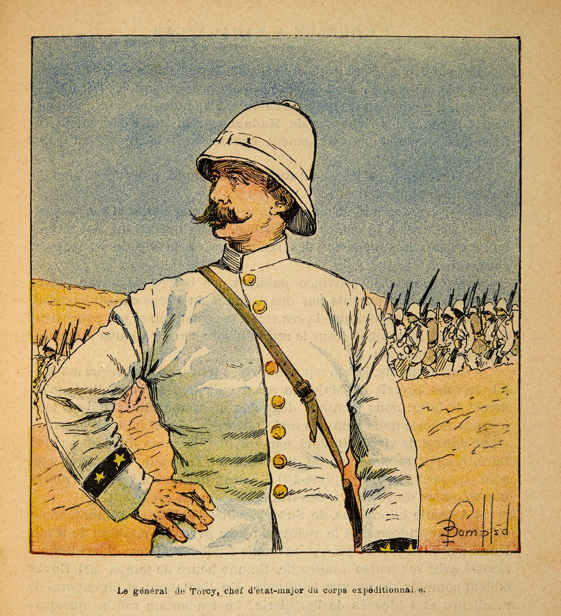Henri Galli dit Galllichet (1854-1922)著、Louis Bombled (1862-1927)絵による「マダガスカルの戦争-1885-1895年のフランス遠征の逸話史」。マダガスカル遠征軍参謀長De Torcy将軍（1844-1918）の肖像画 作： ルイ・チャールズ・ボンブル