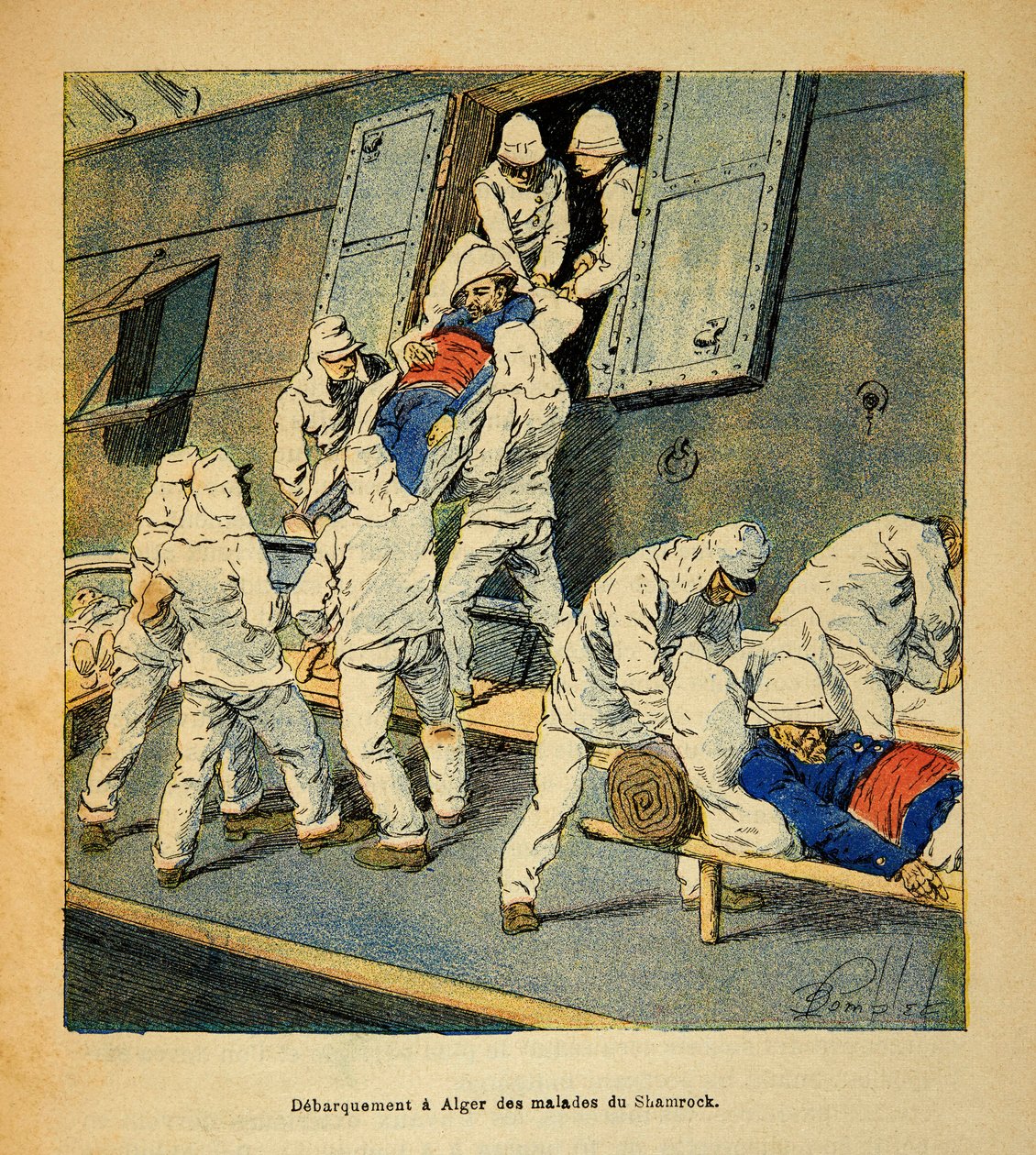 Henri Galli dit Galllichet (1854-1922)著、Louis Bombled (1862-1927)絵の「マダガスカルの戦争-1885-1895年のフランス遠征の逸話」です。1895年にマダガスカルから来た病院船 "シャムロック "の病人部隊がアルジェに向けて出発したときの様子。 作： ルイ・チャールズ・ボンブル