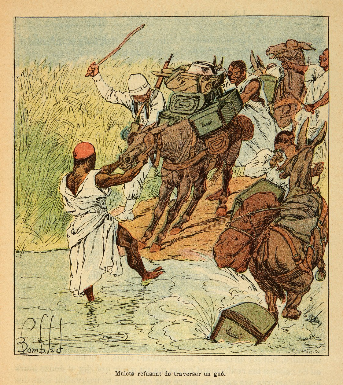 Henri Galli dit Galllichet (1854-1922)著、Louis Bombled (1862-1927)絵による「マダガスカルの戦争-1885-1895年のフランス遠征の逸話史」。1895年のフランスのマダガスカル遠征で、グーを渡ることを拒否するミュレットたち、C二等兵 作： ルイ・チャールズ・ボンブル
