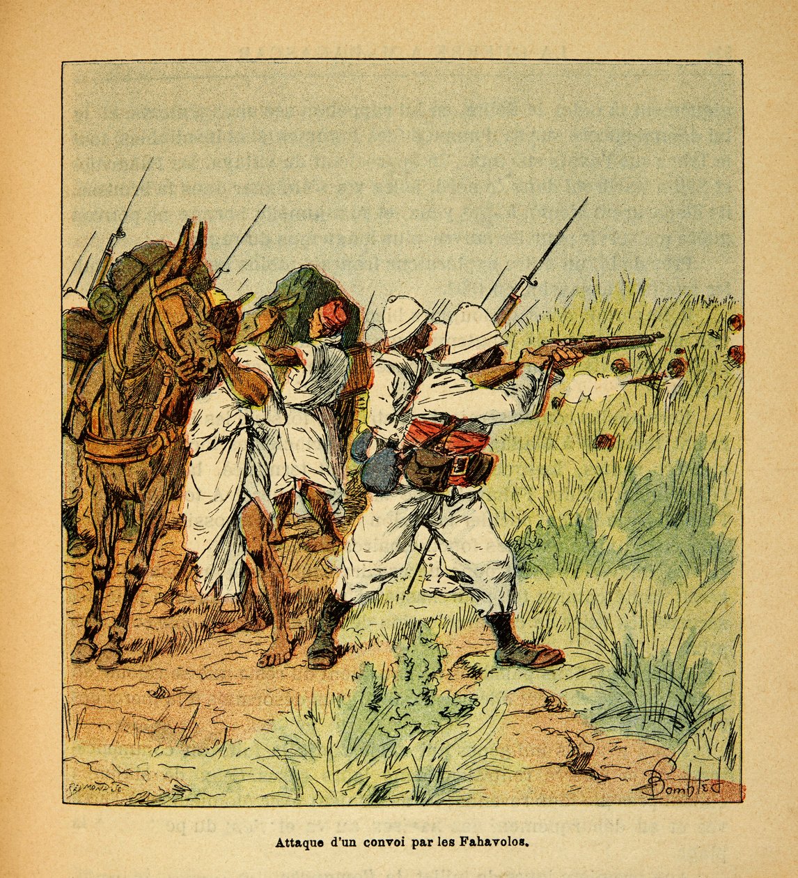 Henri Galli dit Galllichet (1854-1922)著、Louis Bombled (1862-1927)絵による「マダガスカルの戦争-1885-1895年のフランス遠征の逸話史」。ファハヴォロス族による護衛艦の襲撃、個人蔵 作： ルイ・チャールズ・ボンブル
