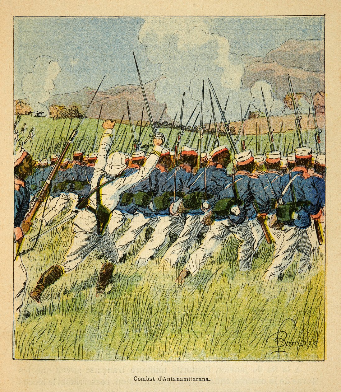 Henri Galli dit Galllichet (1854-1922)著、Louis Bombled (1862-1927)絵による「マダガスカルの戦争-1885-1895年のフランス遠征の逸話史」。1895年、アンタナミタラナの戦いに参加したフランス軍、個人蔵 作： ルイ・チャールズ・ボンブル