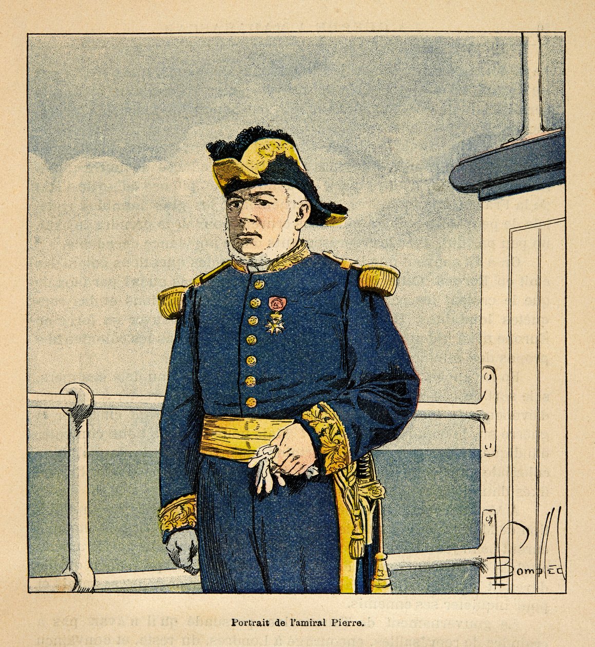 Henri Galli dit Galllichet (1854-1922)著、Louis Bombled (1862-1927)絵による「マダガスカルの戦争-1885-1895年のフランス遠征の逸話史」。ピエール提督（1827-1883）の肖像、個人蔵 作： ルイ・チャールズ・ボンブル