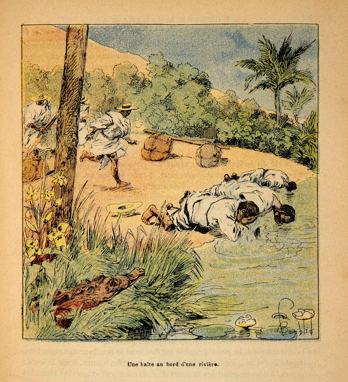 Henri Galli dit Galllichet (1854-1922)著、Louis Bombled (1862-1927)絵による「マダガスカルの戦争-1885-1895年のフランス遠征の逸話史」。1895年の川辺での停泊風景、個人蔵 作： ルイ・チャールズ・ボンブル