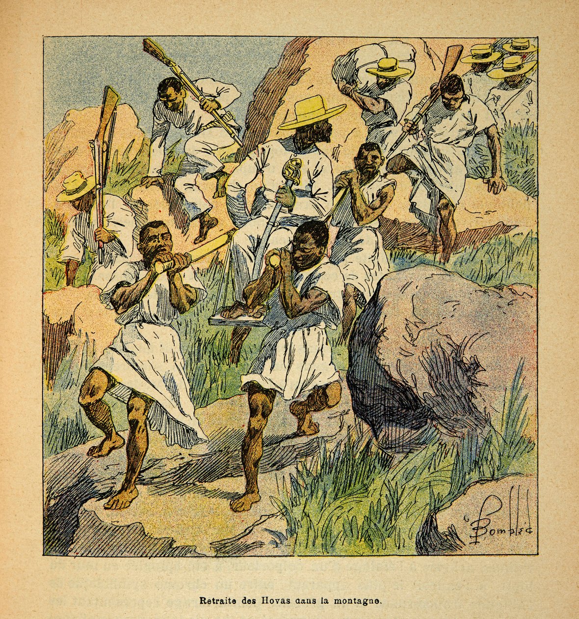 Henri Galli dit Galllichet (1854-1922) 著、Louis Bombled (1862-1927) 絵による「マダガスカルの戦争-1885-1895年のフランス遠征の逸話史」。山中でのホヴァス軍の退却、個人蔵 作： ルイ・チャールズ・ボンブル