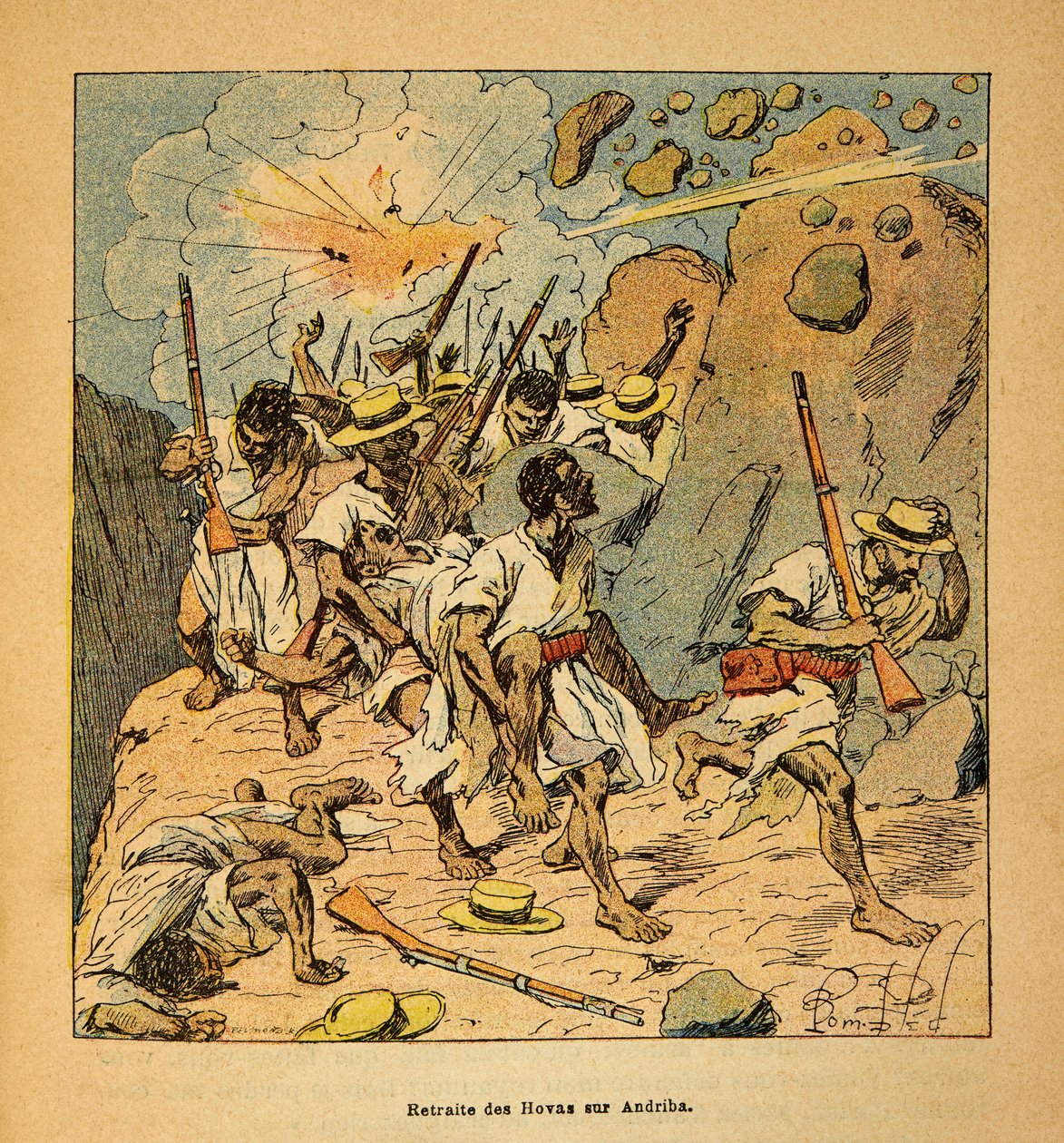 Henri Galli dit Galllichet (1854-1922)著、Louis Bombled (1862-1927)絵による「マダガスカルの戦争-1885-1895年のフランス遠征の逸話史」。アンドリバにおけるホヴァ族の退却、個人蔵 作： ルイ・チャールズ・ボンブル