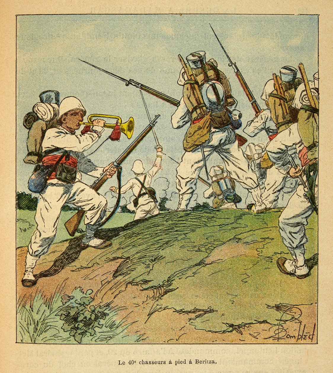 Henri Galli dit Galllichet (1854-1922)著、Louis Bombled (1862-1927)絵による「マダガスカルの戦争-1885-1895年のフランス遠征の逸話史」。1895年のベリッツァでの戦闘中に徒歩で移動する第40猟兵隊、個人蔵 作： ルイ・チャールズ・ボンブル