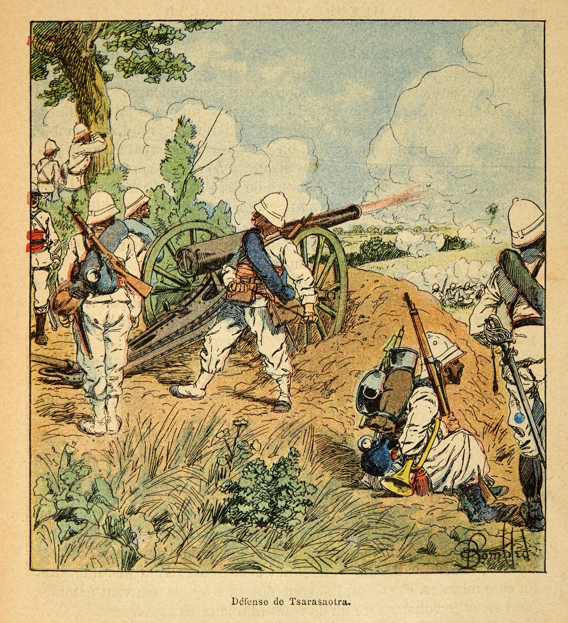Henri Galli dit Galllichet（1854-1922）著、Louis Bombled（1862-1927）絵による「マダガスカルの戦争-1885-1895年のフランス遠征の逸話」。1895年のツァラサオトラ防衛戦、個人蔵 作： ルイ・チャールズ・ボンブル