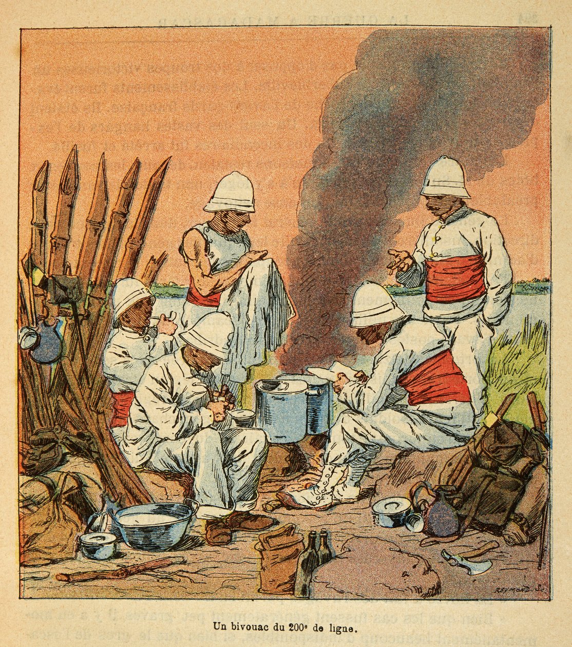 Henri Galli dit Galllichet (1854-1922)著、Louis Bombled (1862-1927)絵による「マダガスカルの戦争-1885-1895年のフランス遠征の逸話史」。1895年にマダガスカルで行われた200番隊のビバーク風景、個人蔵 作： ルイ・チャールズ・ボンブル