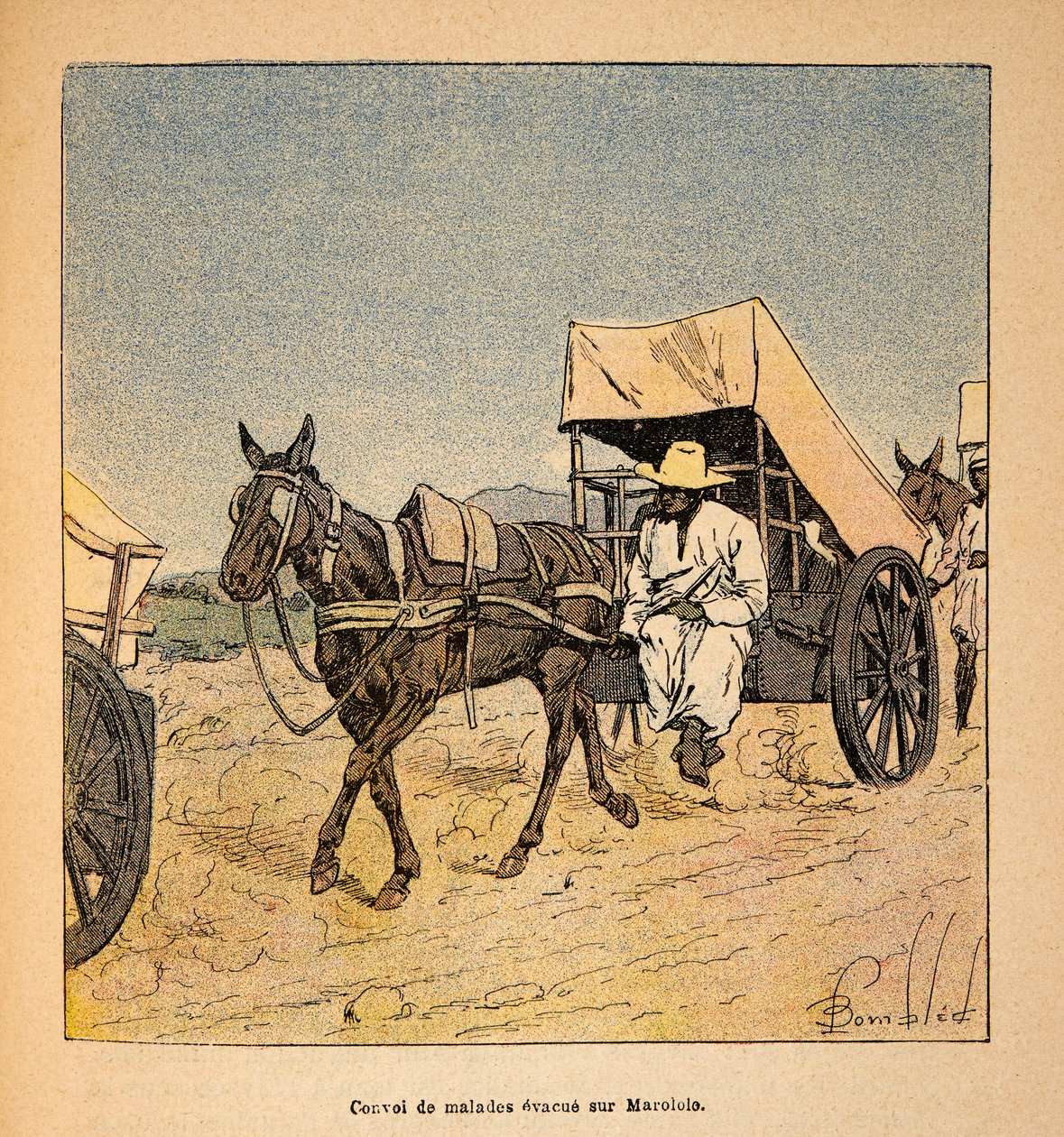 Henri Galli dit Galllichet (1854-1922)著、Louis Bombled (1862-1927)絵による「マダガスカルの戦争-1885-1895年のフランス遠征の逸話史」。マロロに逃げ込む病人たちのコンボイ、個人蔵 作： ルイ・チャールズ・ボンブル