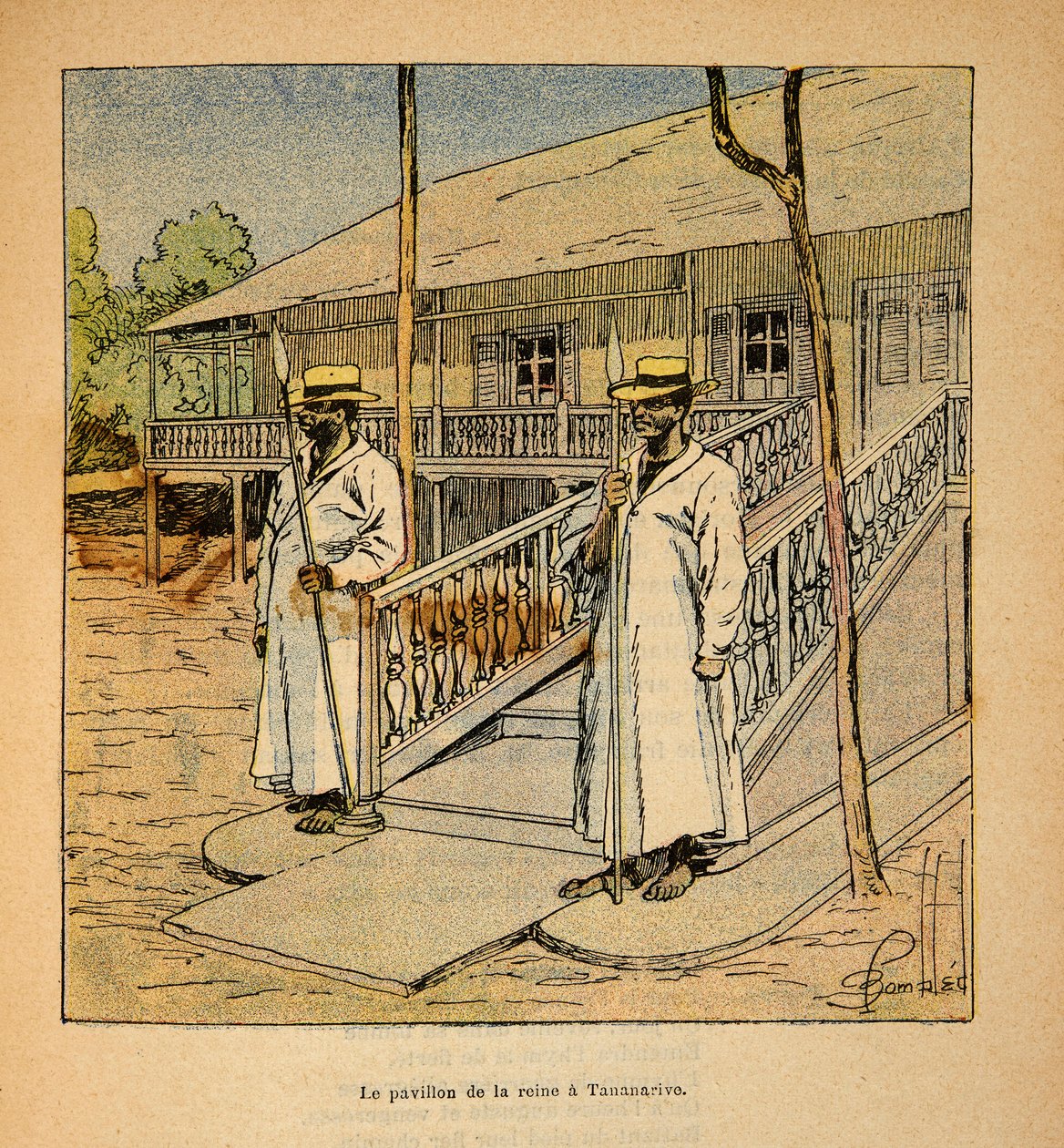 Henri Galli dit Galllichet (1854-1922)著、Louis Bombled (1862-1927)絵による「マダガスカルの戦争-1885-1895年のフランス遠征の逸話史」。1895年、タナナリヴのラナヴァローナ女王の館、個人蔵 作： ルイ・チャールズ・ボンブル