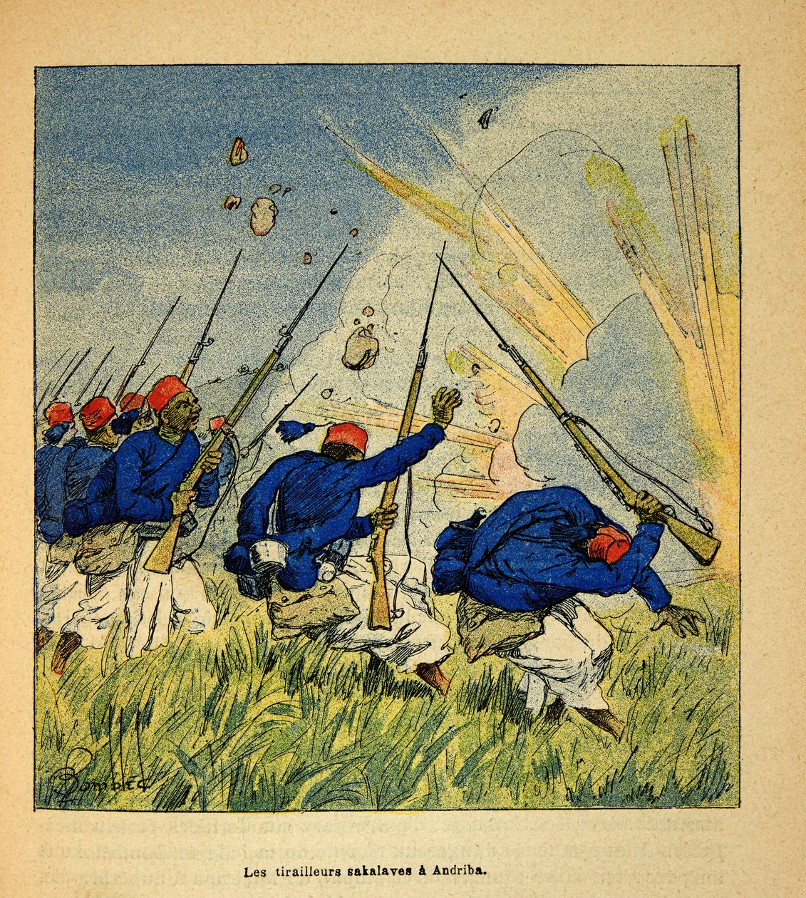 Henri Galli dit Galllichet (1854-1922)著、Louis Bombled (1862-1927)絵による「マダガスカルの戦争-1885-1895年のフランス遠征の逸話史」。1895年のアンドリバでの戦闘中のサカラベ・ティライユ隊、個人蔵 作： ルイ・チャールズ・ボンブル