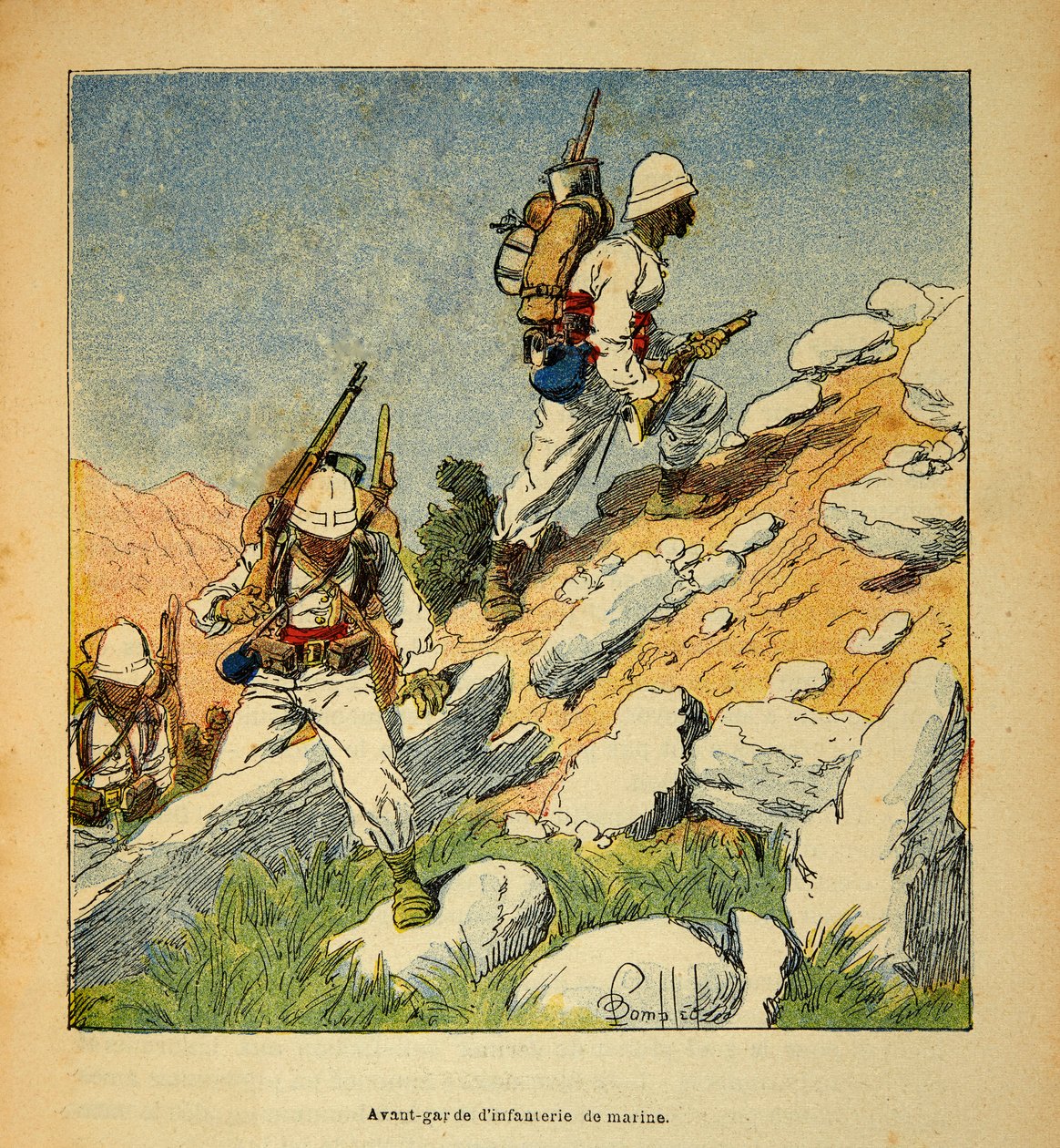 Henri Galli dit Galllichet (1854-1922)著、Louis Bombled (1862-1927)絵による『マダガスカルの戦争-1885-1895年のフランス遠征の逸話史』。1895年のマダガスカルにおける歩兵の前衛、個人蔵 作： ルイ・チャールズ・ボンブル