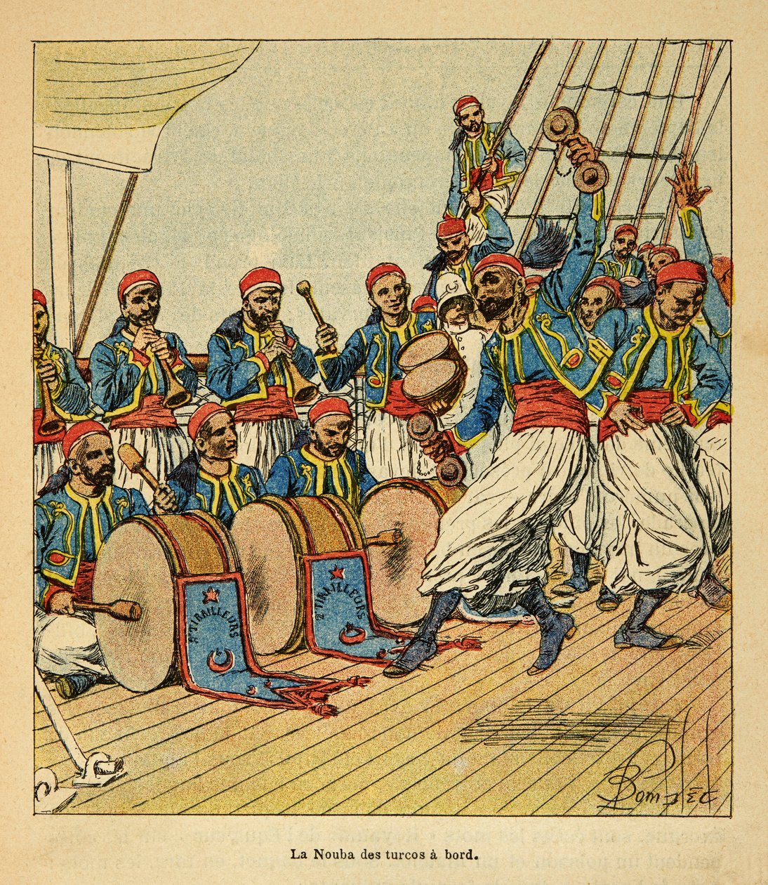 Henri Galli dit Galllichet (1854-1922)著、Louis Bombled (1862-1927)絵による「マダガスカルの戦争-1885-1895年のフランス遠征の逸話史」。La nouba des turcos マダガスカル出航時の船上にて 個人蔵 作： ルイ・チャールズ・ボンブル