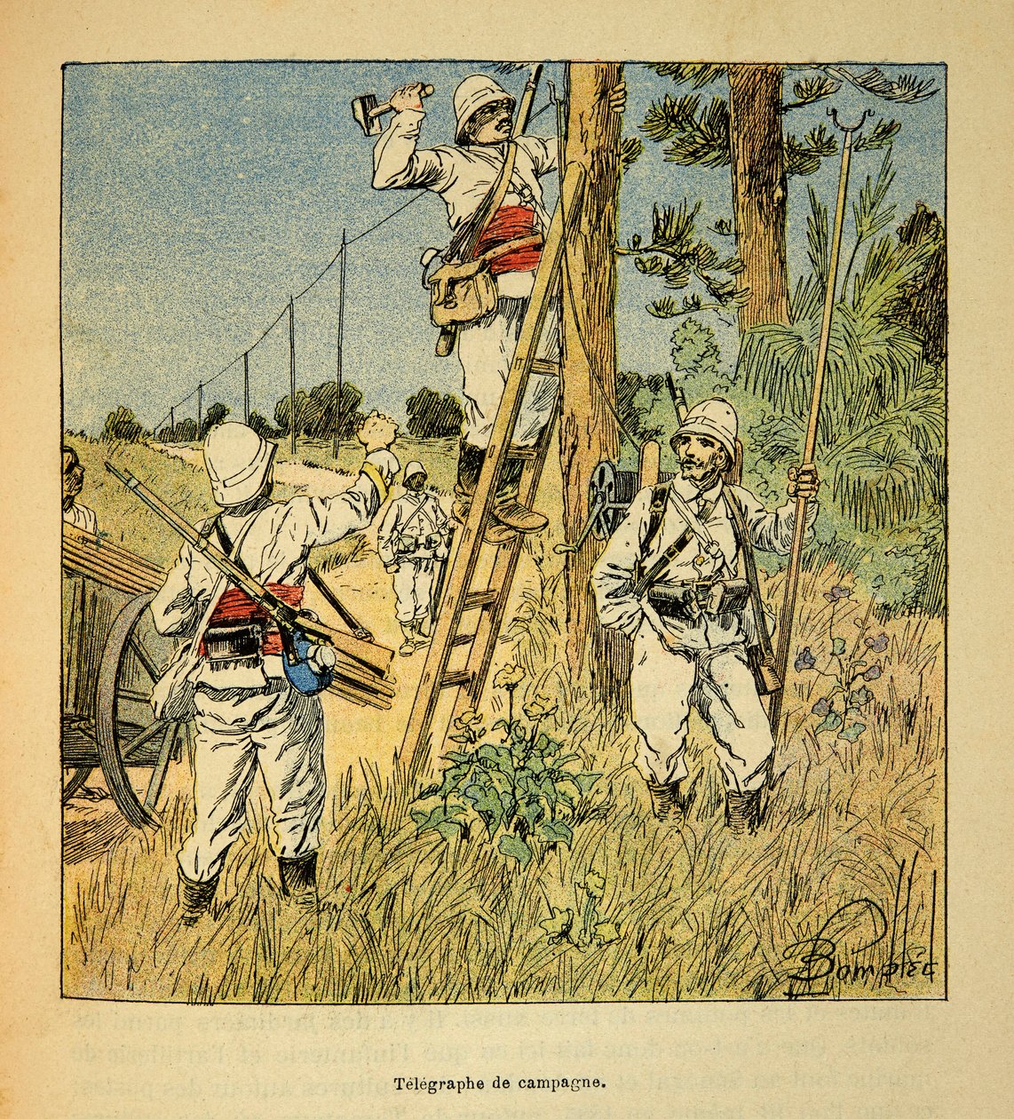 マダガスカルの戦争-1885年から1895年のフランス遠征の逸話、Henri Galli dit Galllichet (1854-1922)著、Louis Bombled (1862-1927)挿絵。1895年のマダガスカルでの軍による作戦電信の実施、Private coll 作： ルイ・チャールズ・ボンブル