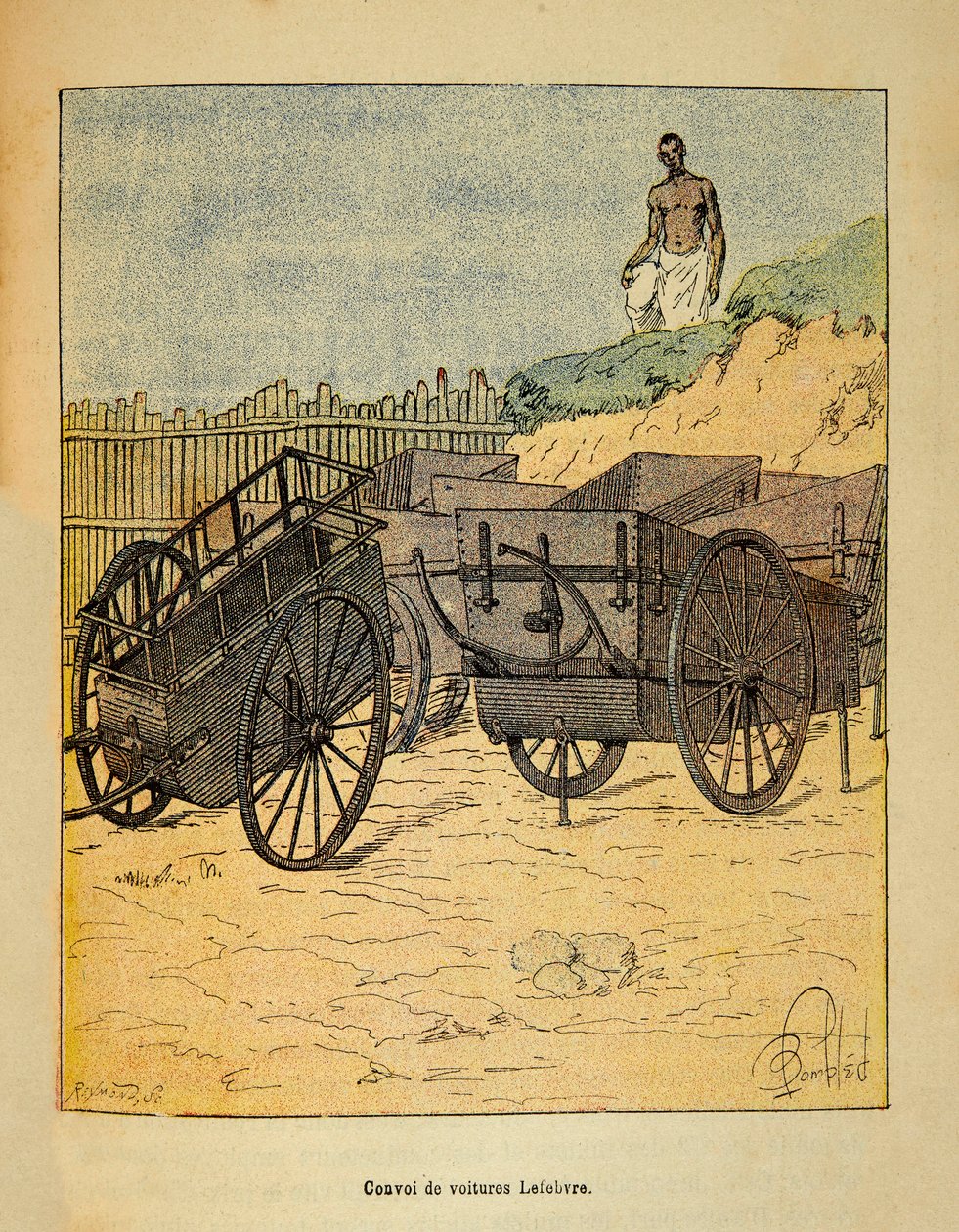 Henri Galli dit Galllichet (1854-1922)著、Louis Bombled (1862-1927)絵による「マダガスカルの戦争-1885-1895年のフランス遠征の逸話集」。ルフェーヴルが軍隊の補給に使用する車のコンボイ、個人蔵 作： ルイ・チャールズ・ボンブル