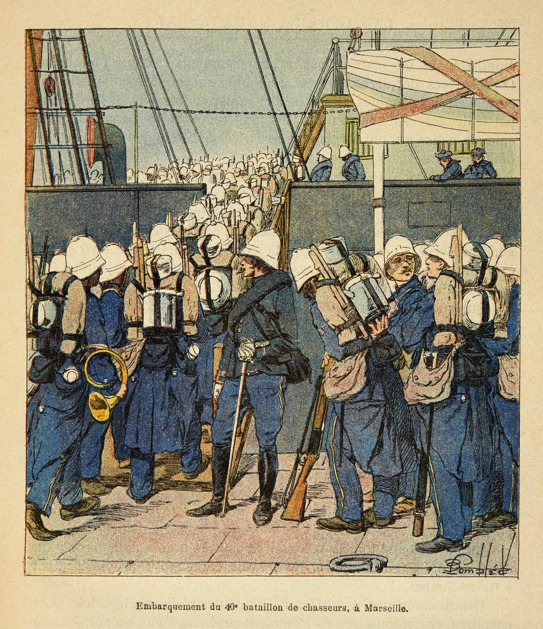 Henri Galli dit Galllichet（1854-1922）著、Louis Bombled（1862-1927）絵による「マダガスカルの戦争-1885-1895年のフランス遠征の逸話」。1895年にマダガスカルへ向かうマルセイユの第40戦闘機大隊の船着き場、プライベート・カレッジ 作： ルイ・チャールズ・ボンブル