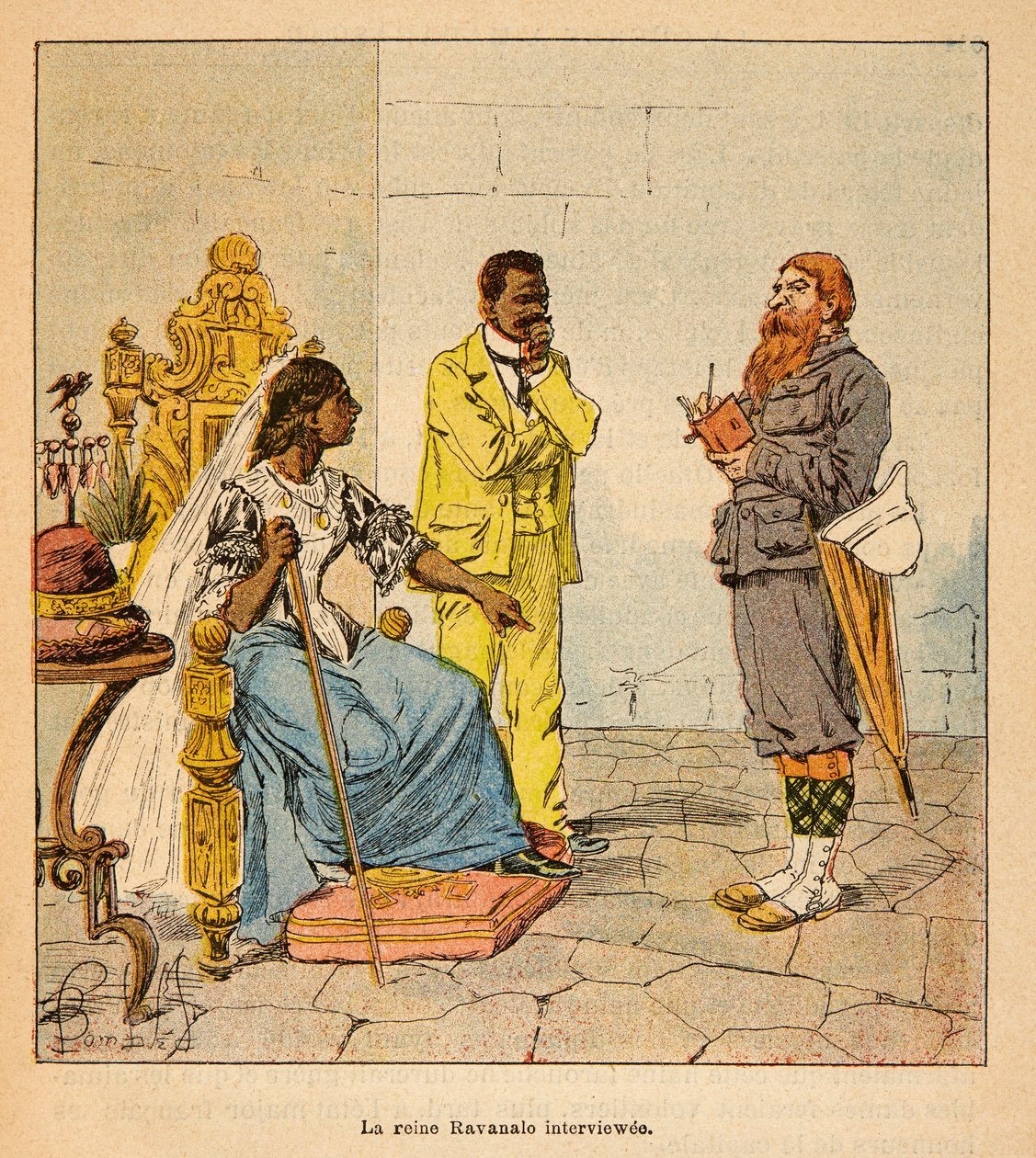 Henri Galli dit Galllichet (1854-1922)著、Louis Bombled (1862-1927)絵「マダガスカルの戦争-1885-1895年のフランス遠征の逸話」：イギリス人ジャーナリストが1895年にラバナロ女王にインタビューした際に、首相が同席していた。 作： ルイ・チャールズ・ボンブル