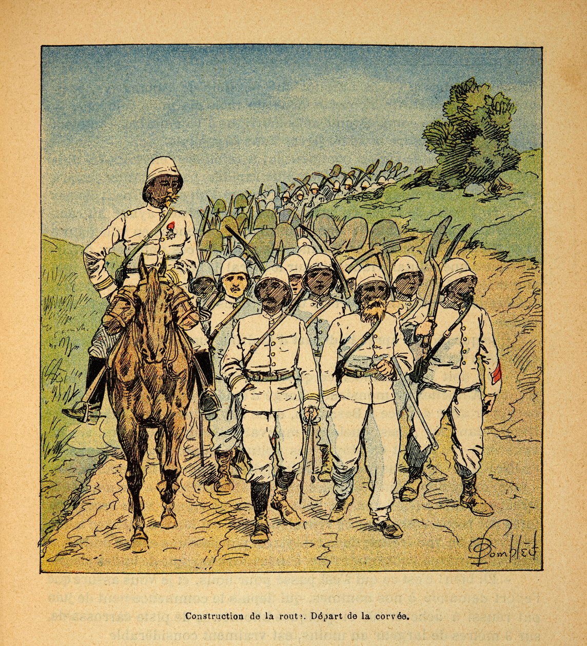 Henri Galli dit Galllichet（1854-1922）著、Louis Bombled（1862-1927）絵による「マダガスカルの戦争-1885-1895年のフランス遠征の逸話」。マダガスカルの道路建設、コルビの始まり、個人蔵 作： ルイ・チャールズ・ボンブル