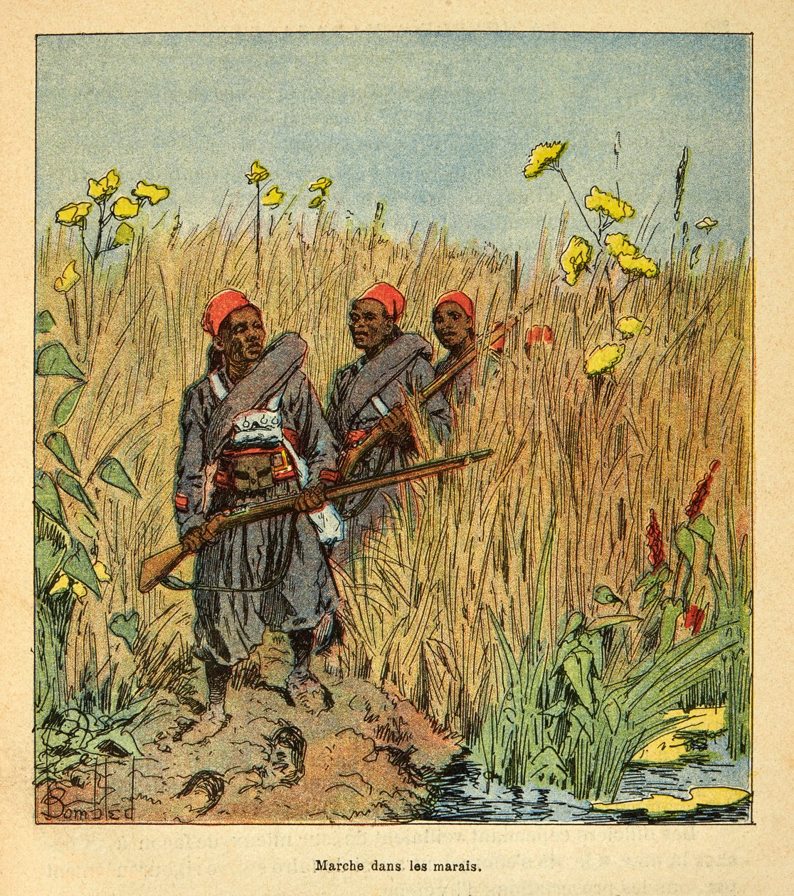 Henri Galli dit Galllichet (1854-1922)著、Louis Bombled (1862-1927)絵による「マダガスカルの戦争-1885-1895年のフランス遠征の逸話集」。1895年、マダガスカルの湿地帯に遠征するフランス軍、個人蔵 作： ルイ・チャールズ・ボンブル