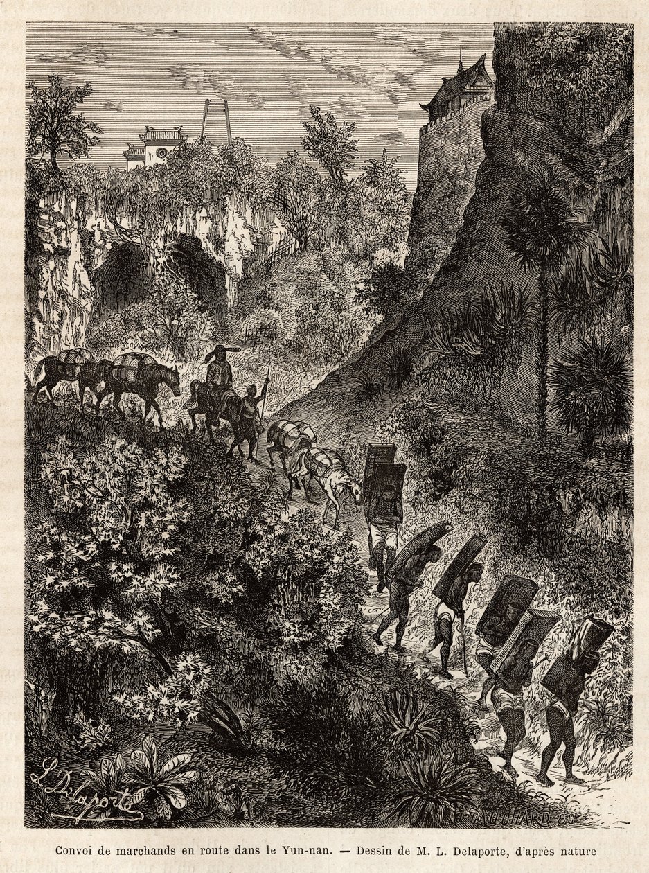 Le tour du monde "に掲載された1866-1868年のフランシス・ガルニエ中尉によるインドシナ探検航海を説明するために、L.Delaporteの図面に基づいて彫られた雲南（中国）へ向かう商人とそのポーターの護送船団 187 作： ルイ・デラポルテ