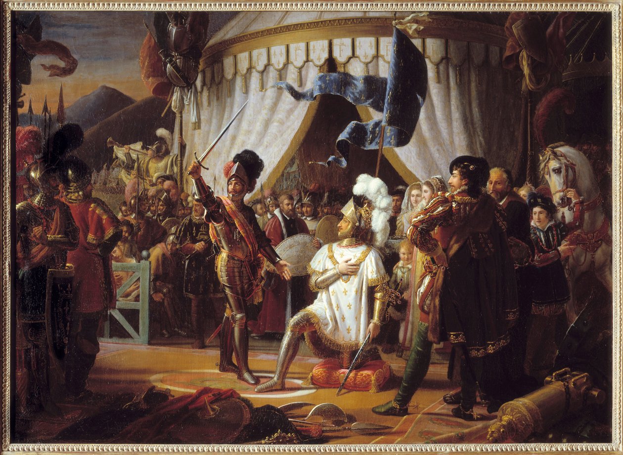 1515年、イタリアのマリニャーノの戦いで勝利した後、シュヴァリエ・バヤードの騎士になることを要求するフランスのフランソワ1世- 作： ルイ・デュシス