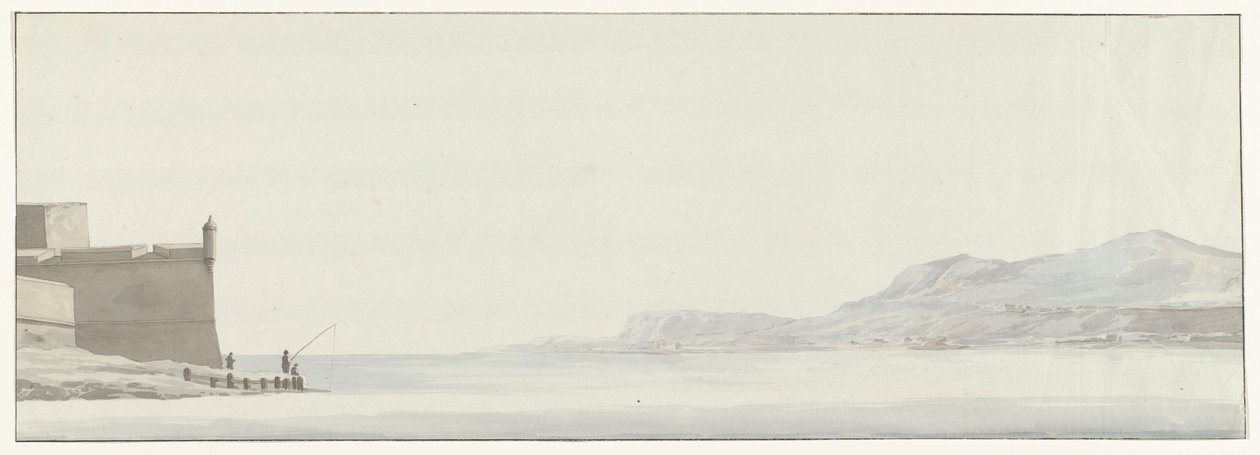 Gezicht op de kust van Calabrië vanaf het uiterste punt van de vesting Messina メッシーナの城塞の外側の角から撮影したカラブリアの海岸の眺め (オブジェクトのタイトル) イタリア、シチリア、マルタの旅 - 1778 (シリーズタイトル) 作： ルイデュクロス