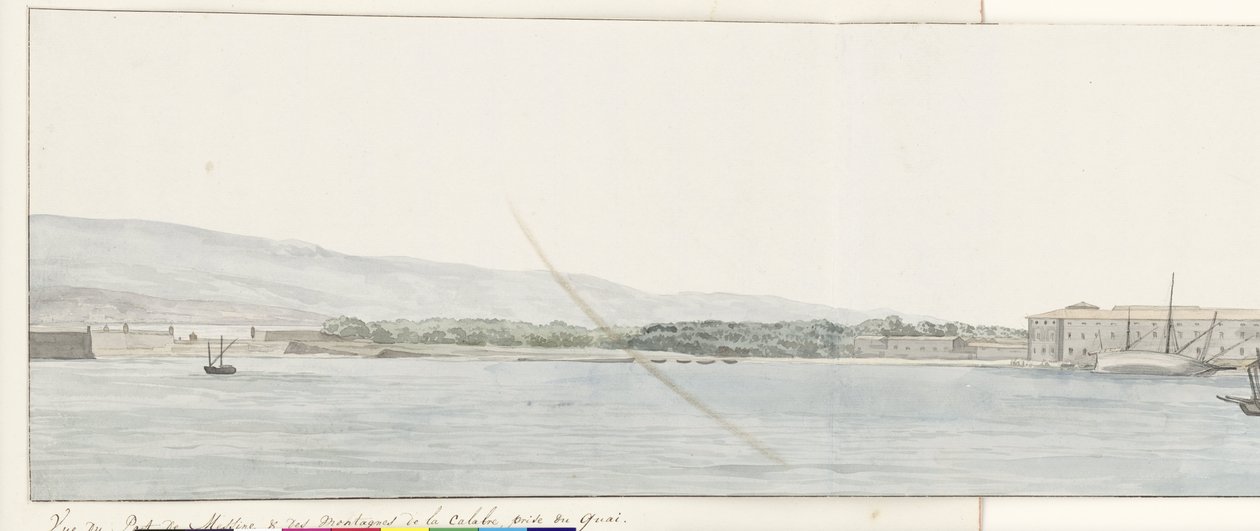 Gezicht op Haven van Messina en bergen van Calabrië vanaf kade 岸壁から撮影したメッシーナ港とカラブリアの山々の眺め (オブジェクトのタイトル) イタリア、シチリア、マルタの旅 - 1778 (シリーズタイトル) 作： ルイデュクロス