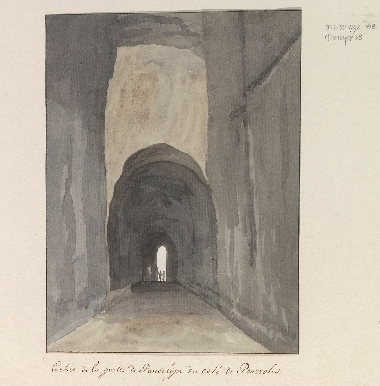 Ingang van grot Crypta Neapolitana (of Grotta di Posillipo) aan de kust van Pozzuoli ポッツオーリ近くのパウジリーペ洞窟への入り口 (オブジェクトのタイトル) イタリア、シチリア、マルタの旅 - 1778 (シリーズタイトル) 作： ルイデュクロス