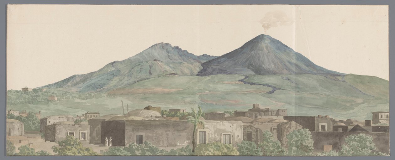 Vesuvius gezien vanaf Portici met lavastromen uit 1777, 1771 en 1731 1777 年、1771 年、1731 年の溶岩があるポルティチから見たベスビオ (オブジェクトのタイトル) イタリア、シチリア、マルタの旅 - 1778 (シリーズタイトル) 作： ルイデュクロス