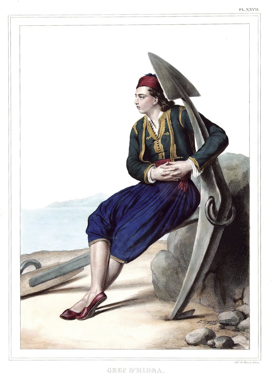 ダヴィッドの弟子であるルイ・デュプレ（1789-1837）が1825年に制作した「アテネとコンスタンティノープルへの旅、または自然のままの場所に描かれたギリシャ人とオスマン人の肖像、景色、衣装のコレクション」の中のギリシャ人のディドラ。 作： ルイ・デュプレ