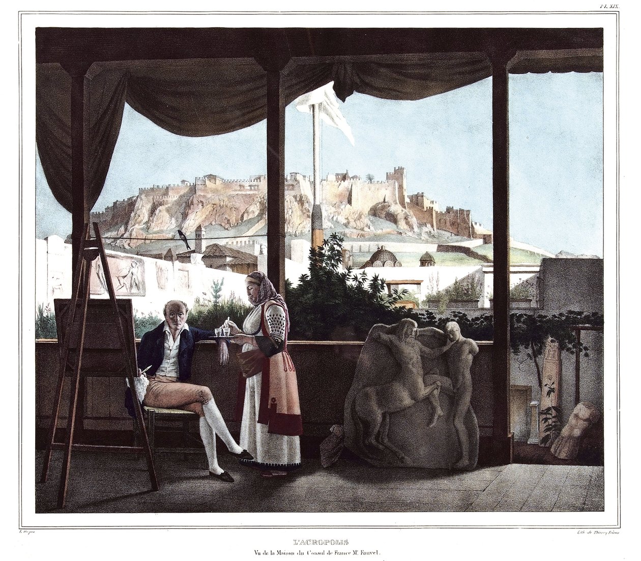 ルイ・デュプレ（1789-1837）の「アテネとコンスタンティノープルへの旅」（自然の場所に描かれたギリシャ人とオスマン人の肖像画、景色、衣装のコレクション）の中の、フランス領事M.フォーベルの家から見たアクロポリス。 作： ルイ・デュプレ