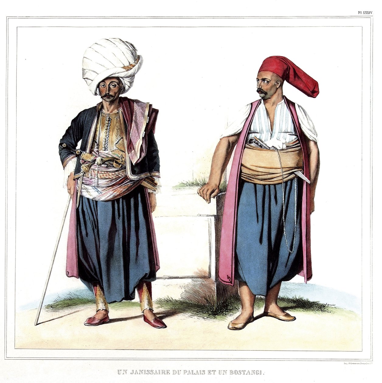 Ein Janitschar des Palastes und ein Bostangi (Gärtner des Serails). in „Reise nach Athen und Konstantinopel, oder Sammlung griechischer und osmanischer Porträts, Ansichten und Kostüme, nach der Natur gemalt, lithografiert und koloriert von Louis Dupre (178 von Louis Dupré