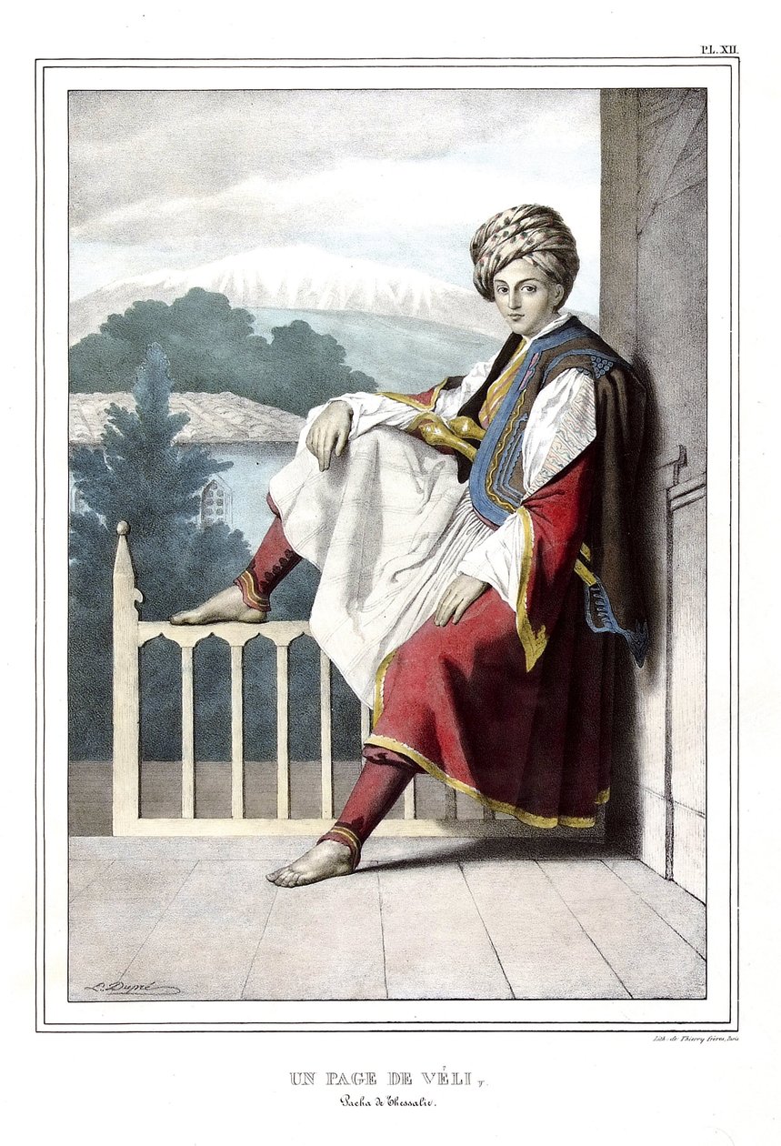 Eine Seite von Veli, Pascha von Thessalien. in „Reise nach Athen und Konstantinopel, oder Sammlung griechischer und osmanischer Porträts, Ansichten und Kostüme, vor Ort nach der Natur gemalt, lithografiert und koloriert von Louis Dupre (1789-1837), Schüle von Louis Dupré