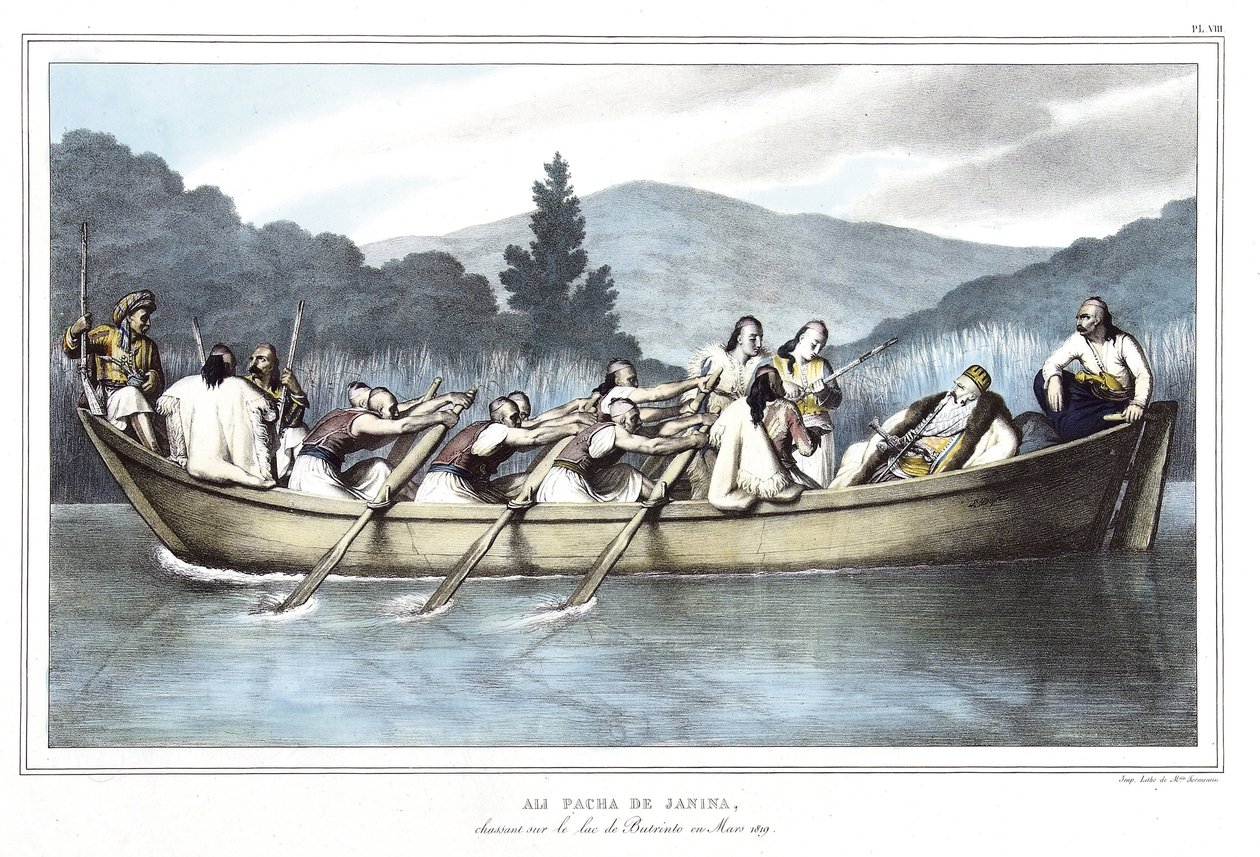 アリ・パシャ・デ・ジャニナ（1741-1822）、1819年3月にブトリント湖で狩りをする。「アテネとコンスタンティノープルへの旅、または自然に近い場所に描かれたギリシャとオスマン帝国の肖像、景色、衣装のコレクション、ルイ・デュプレによるリトグラフとコロリー」にて 作： ルイ・デュプレ