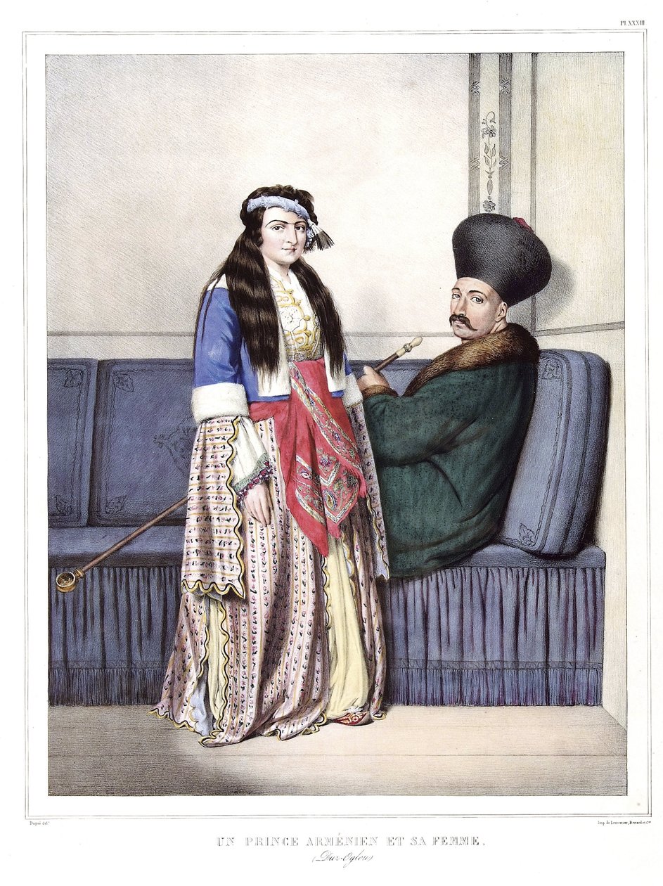 Ein armenischer Prinz und seine Frau, Duzoglous. in „Reise nach Athen und Konstantinopel, oder Sammlung griechischer und osmanischer Porträts, Ansichten und Kostüme, nach der Natur gemalt, lithografiert und koloriert von Louis Dupre (1789-1837), Schüler vo von Louis Dupré