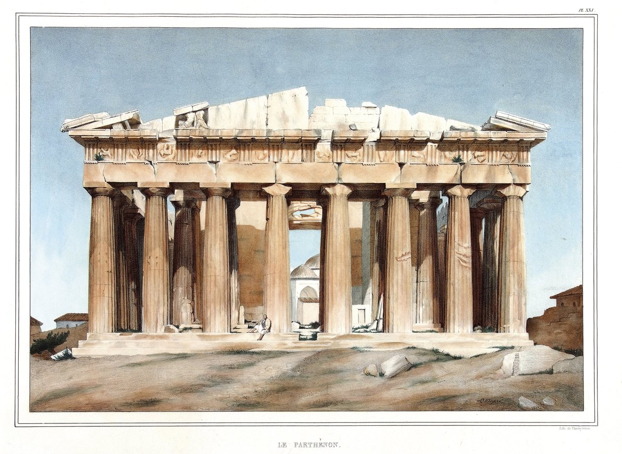 ダヴィッドの弟子であるルイ・デュプレ（1789-1837）が1825年に制作した「アテネとコンスタンティノープルへの旅、または自然のままの場所に描かれたギリシャとオスマン帝国の肖像画、景色、衣装のコレクション」の中の「パルテノン神殿」。 作： ルイ・デュプレ